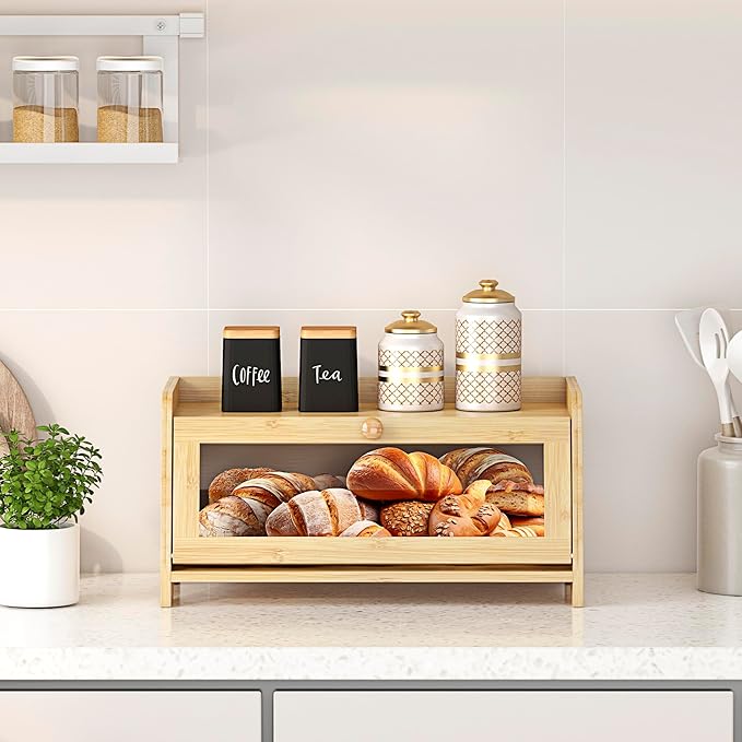 Bread Box for Kitchen Countertop, Large Bread Container Storage, Wooden Farmhouse Bread Box with Window Bread Holder (Natural Bamboo)