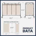 STO STO Laundry Sorter 4 Section, 4 Bag Clothes Hamper, Rolling Laundry Cart Basket with Heavy Duty Lockable Wheels and Removable Bag for Laundry Room, Bedroom, Closet, Beige