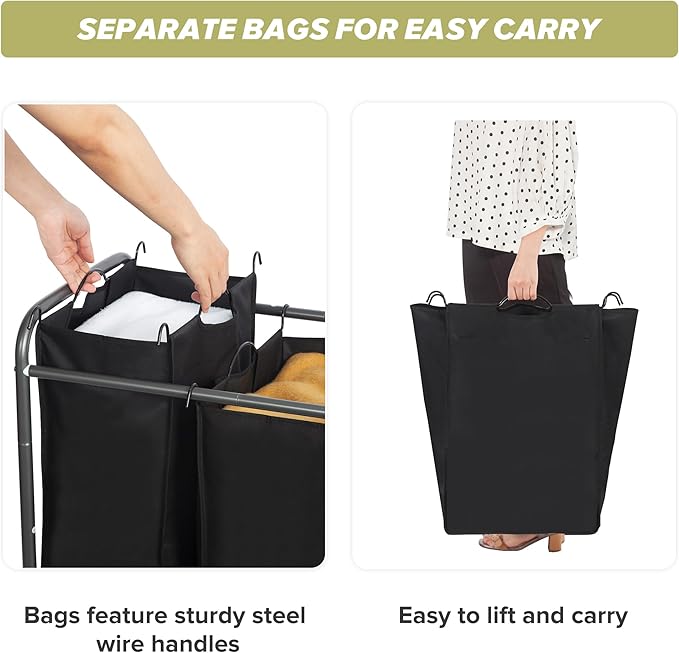 Laundry Sorter Hamper with Wheels, Heavy-Duty Laundry Sorter Rolling Cart, Lockable Wheels and Removable Bags, 3 Sections, Black