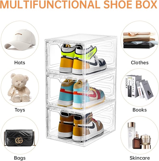 6 Pack Large Shoe Storage Box, Clear Shoe Storage Organizer with Magnetic Door, Stackable,Shoe Containers For Display Sneakers, Easy Assembly, Fit up to US Size 12, Clear