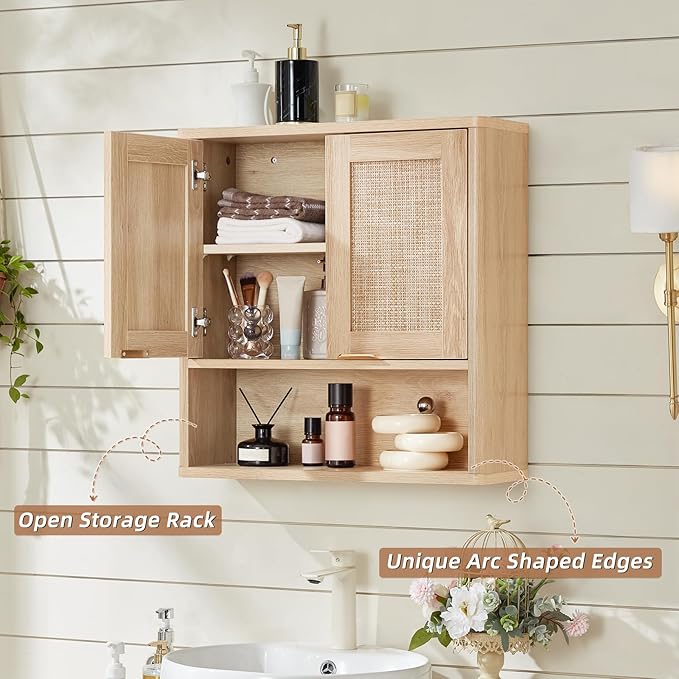 LEYAOYAO Rattan Bathroom Wall Cabinet, Boho Medicine Cabinet with Adjustable Shelf & Doors, Over The Toilet Storage Cabinets Organizer for Laundry Room, Kitchen, Living Room, Natural