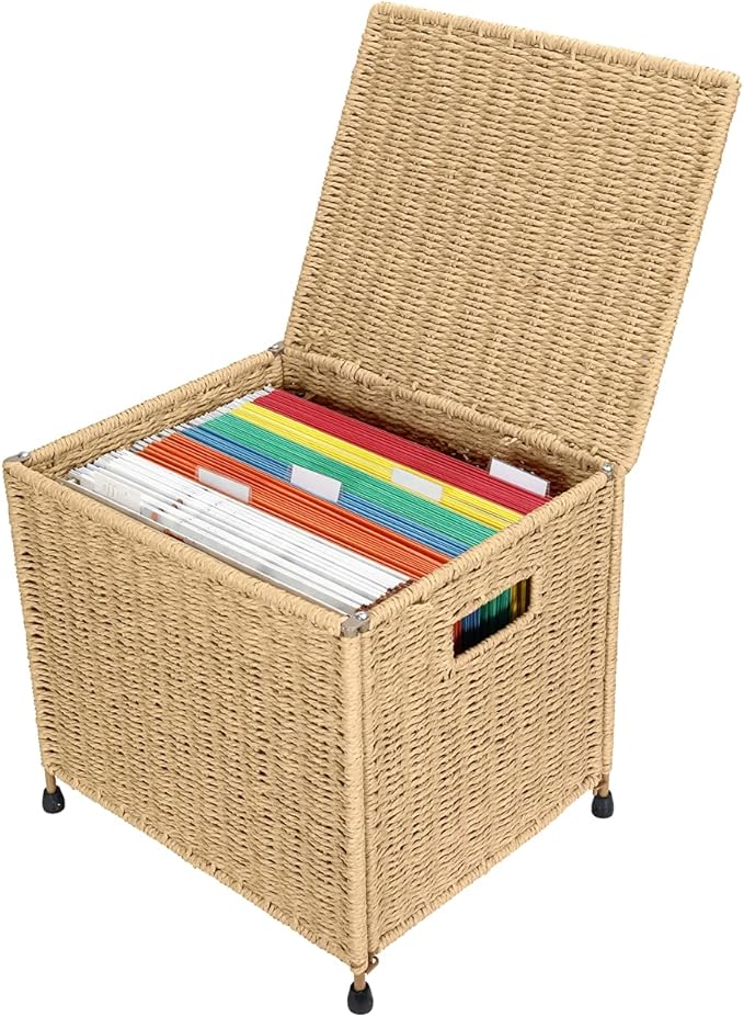 URFORESTIC Seagrass File Filing Cabinet File Box Organizer | Collapsible Letter Size Hanging File Box Organizers with Lid | Decorative Seagrass Filing & Storage Office Box | Letter Size (Natural)