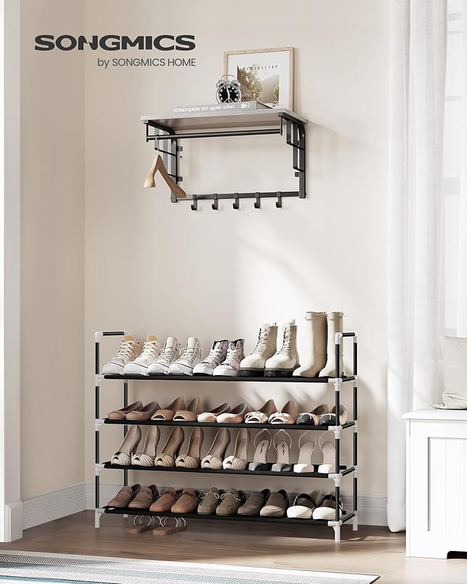 SONGMICS 4-Tier Shoe Rack, Shoe Storage for Hallway Closet, Slim and Space-Saving, Metal Frame, Non-Woven Fabric Shelves, Black ULSH054B01