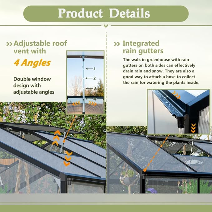 Heavy-Duty Polycarbonate Greenhouse with Double Flush Door, Rain Gutter & Adjustable Ventilation Window for Garden, Backyard or Sunroom Use (6x12 FT)