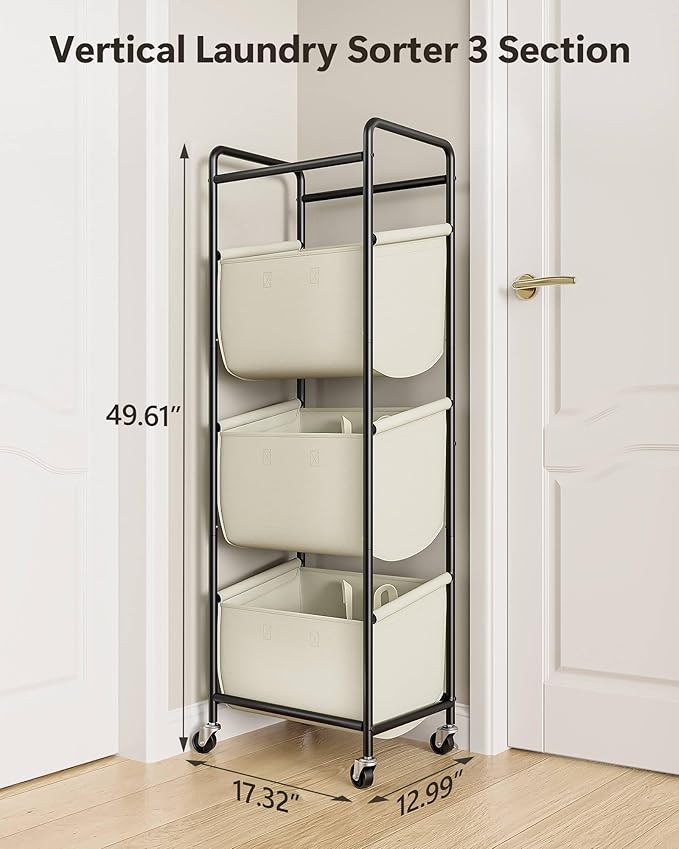 3 Section Laundry Sorter with Removable Bags, 120L Rolling Vertical Laundry Hamper, Stackable Laundry Baskets organizer for Bathroom, Apartment, Dorm (Beige, With Wheel)