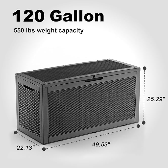EasyUp 120 Gallon Deck Boxes Waterproof, Outdoor Large Storage Boxes with Lids, Outside Resin Storage Box & Deck Boxes for Patio, Garden Use(Black)