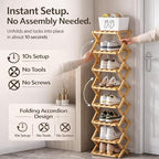 The 9-Tier No-Assembly Bamboo Rack, Folding Bamboo Shoe Rack Organizer with Collapsible Vertical Design, Space-Saving & No-Tool Assembly, for Entryways,Corners,Bedrooms,Balconies (Yellow,7)