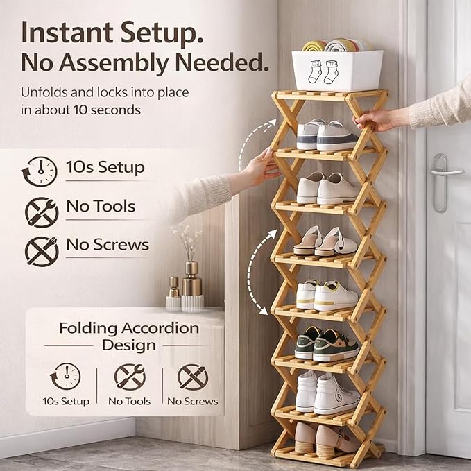 The 9-Tier No-Assembly Bamboo Rack, Folding Bamboo Shoe Rack Organizer with Collapsible Vertical Design, Space-Saving & No-Tool Assembly, for Entryways,Corners,Bedrooms,Balconies (Yellow,8)