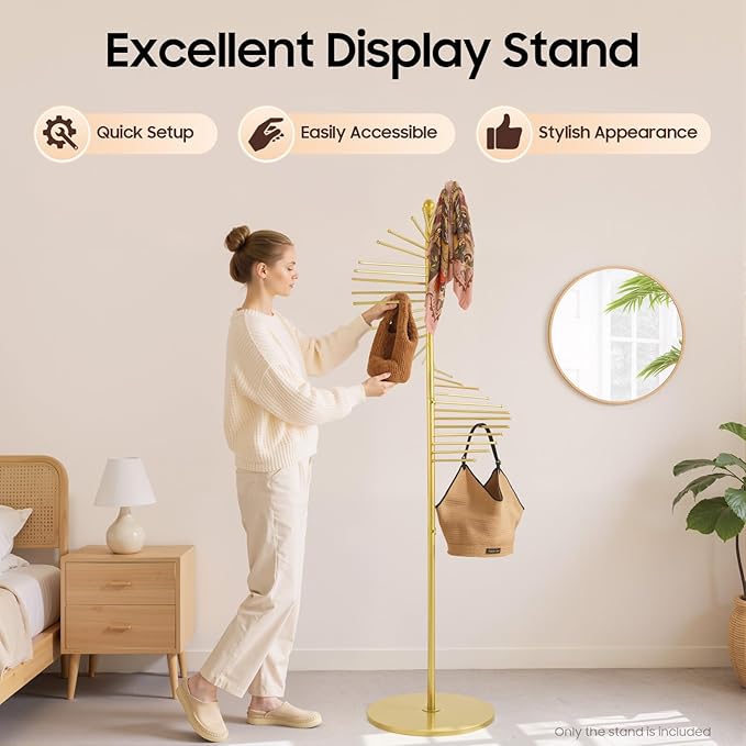 Scarf Organizer Stand, 67" Freestanding Scarf Display Rack with 30 Rods, Metal Spiral Scarf Holder Belt Pants Hanger for Commercial Clothing Retail Store Home, Space Saving Shelves(Gold)