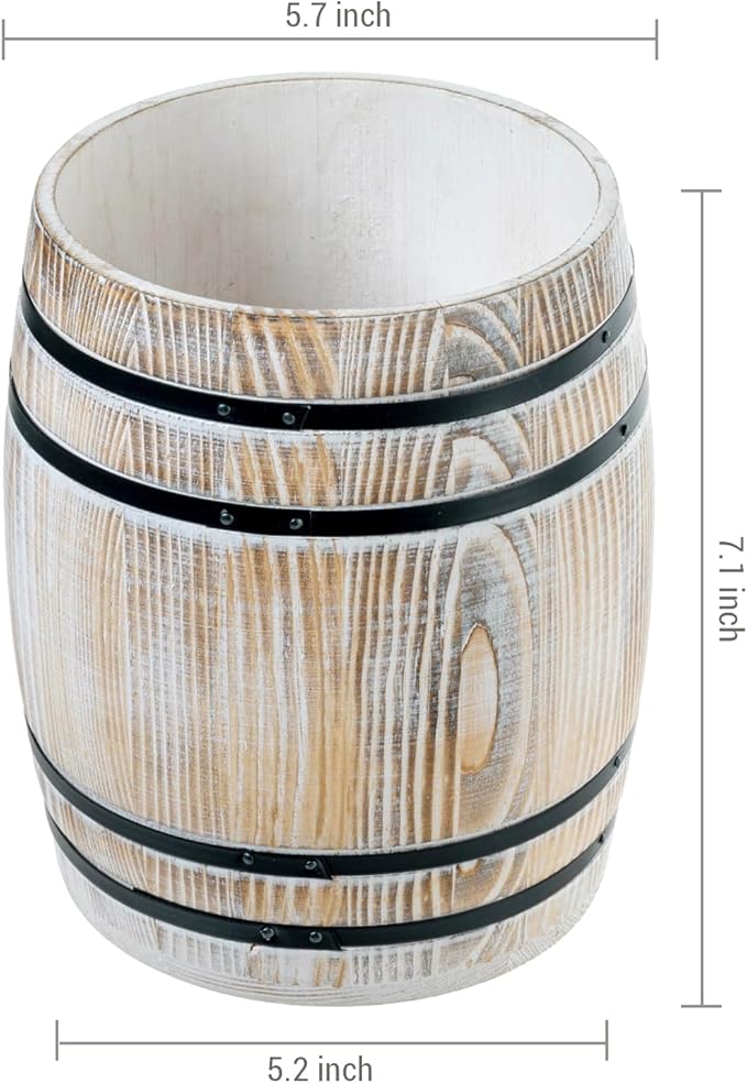 MyGift Wine Barrel Design Kitchen Utensil Holder Crock, Vintage White Washed Solid Wood Cooking Utensils Organizer