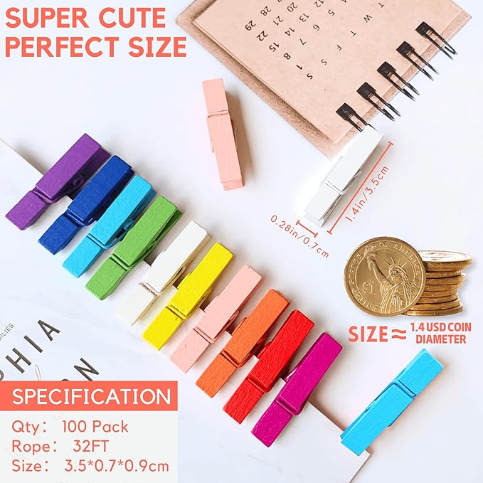 Mini Clothes Pins for Photo, Small Colored Clothespins 100 Pack Wooden Rainbow Colorful Picture Clips with 32 FT String for Crafts, Little Baby Shower, Display Artwork, Hanging Decorative Tiny Cards