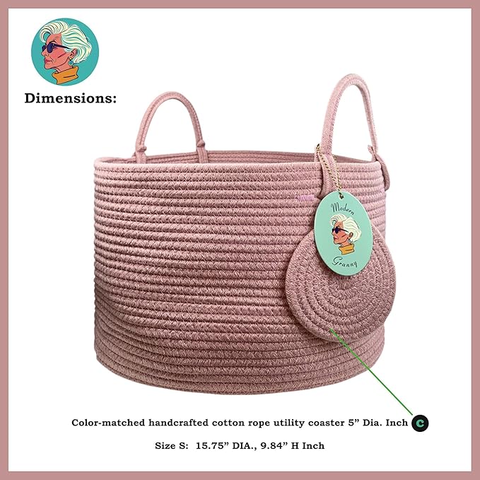 Modern Granny Small Cotton Rope Laundry Basket 16x10 Inch Dual Secure Woven Handle for Living Room Closet Clothes Blanket Organization