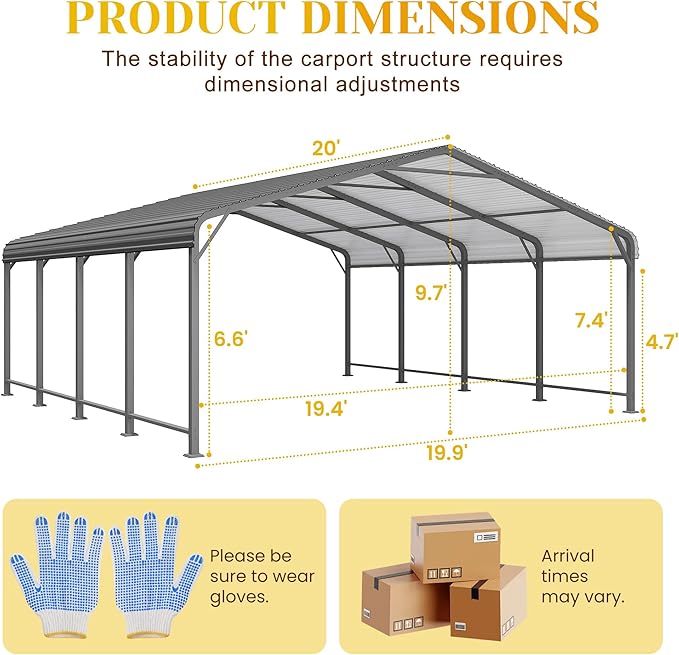 20x20 FT Car Port, Metal Carport for 2 Cars, Heavy Duty Canopy Carport with Updated Roof & Enhanced Base, Garage Vertaile Carports for RV Car, Truck, Boat, Tractors, Party, Grey