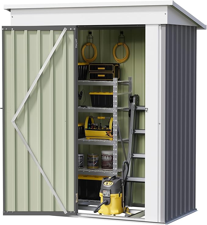 Devoko 5 x 3 FT Metal Storage Shed with Floor Frame Waterproof Garden Tool Shed with Lockable Door, Outdoor Shed Storage House for Backyard Patio Lawn, Grey