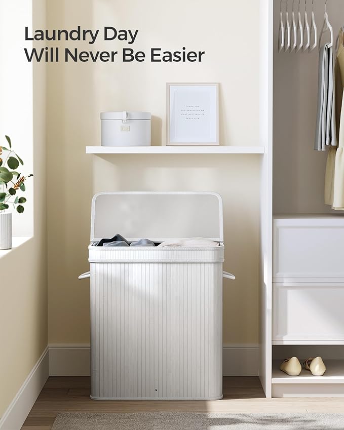 SONGMICS Laundry Hamper with Lid, Bamboo Laundry Basket, Removable Machine Washable Laundry Basket, with Handles, 26.4-Gallons, for Laundry Room, Bedroom, Bathroom, Cloud White ULCB063W01