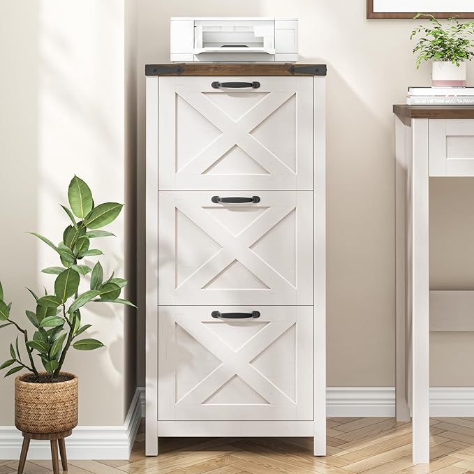 3 Drawer Tall File Cabinet, Farmhouse Vertical Filing Cabinet Fits Letter/A4 Size, Wood File Cabinets Printer Stand for Home Office, Living Room, Rustic White