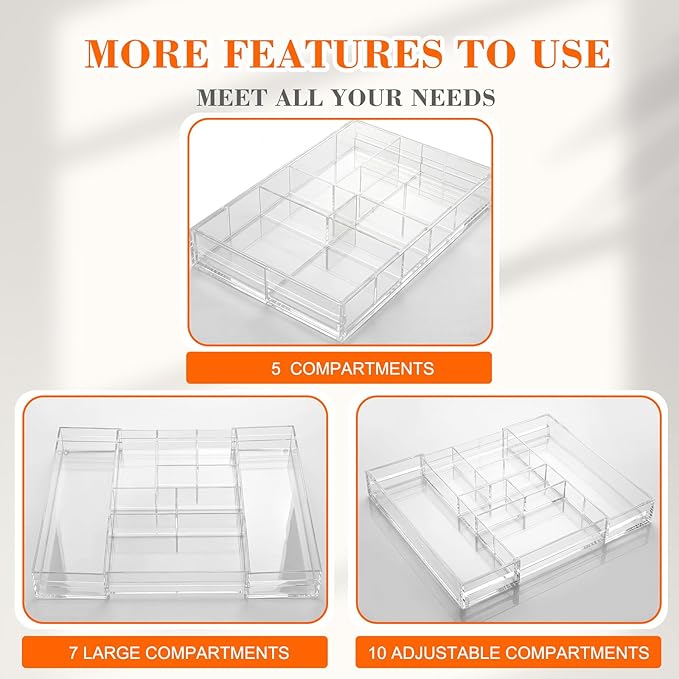 1 Pcs Acrylic Desk Drawer Organizer 9'' up to 17'' x 15'' x 2.1'' Expandable Drawer Organizer Trays with 9 Adjustable Compartments Clear Desk Accessories for Makeup Office Bathroom