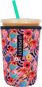 Reusable Neoprene Insulator Sleeve for Iced Coffee & Cold Soda, Coffee Sleeves for Iced & Hot Drinks, Cold Beverage Cooler Compatible with Starbucks, Dunkin (Abstract Flower, Medium: 22-24oz)