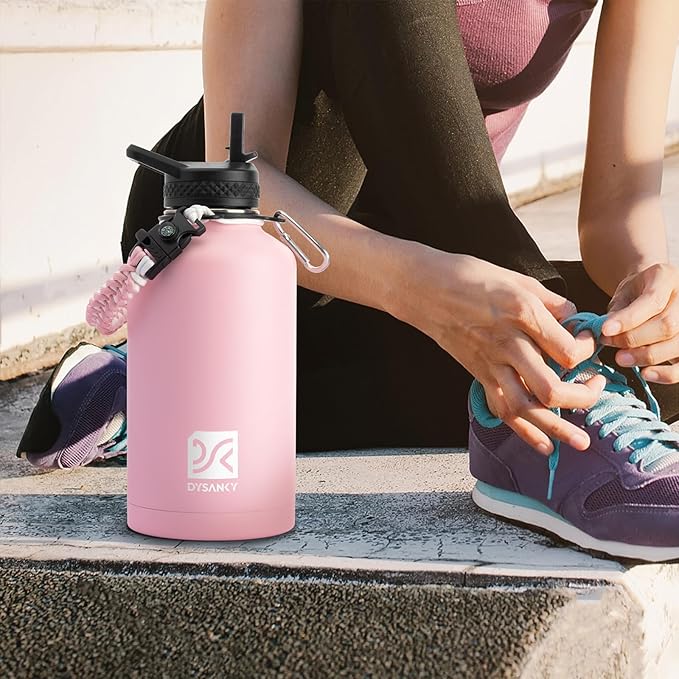 Insulated Water Bottle | Thickened Stainless Steel Vacuum Metal | Portable Sports Half Gallon Large Water Jug for Gym and Hiking with Straw, Carrier Bag, Handle Strap | BPA-Free 64 oz