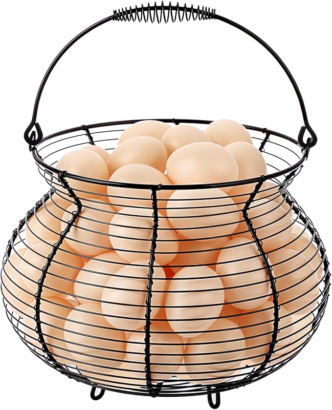1 PCS Black Big Belly Wire Egg Baskets for Fresh Egg With Handle, Small Metal Wire Basket for Gathering Fresh Chicken and Duck Eggs, Hunting Basket Egg Holder Countertop