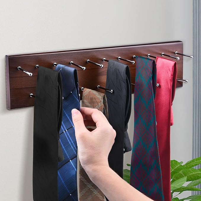 Tie Rack Wall Mounted, Wood Belt Hanger for Closet with 21 Chrome Hooks, Belt Storage Holder Organizer for Men Belts, Ties, Scarves, Wooden