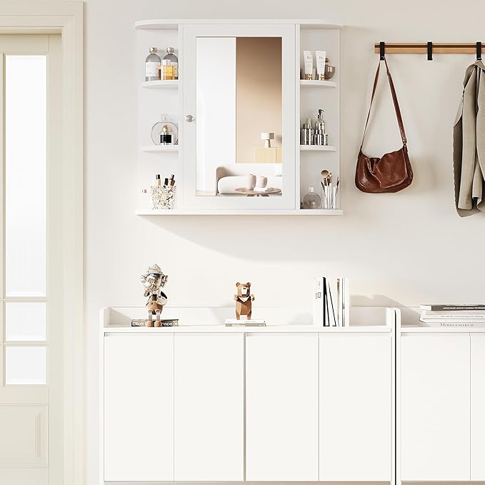 Shintenchi Bathroom Wall Cabinet with Mirror, Mounted Medicine Cabinets with 4 Internal and 6 Open Shelves, Mirrored Door Over The Toilet Storage, Solid White