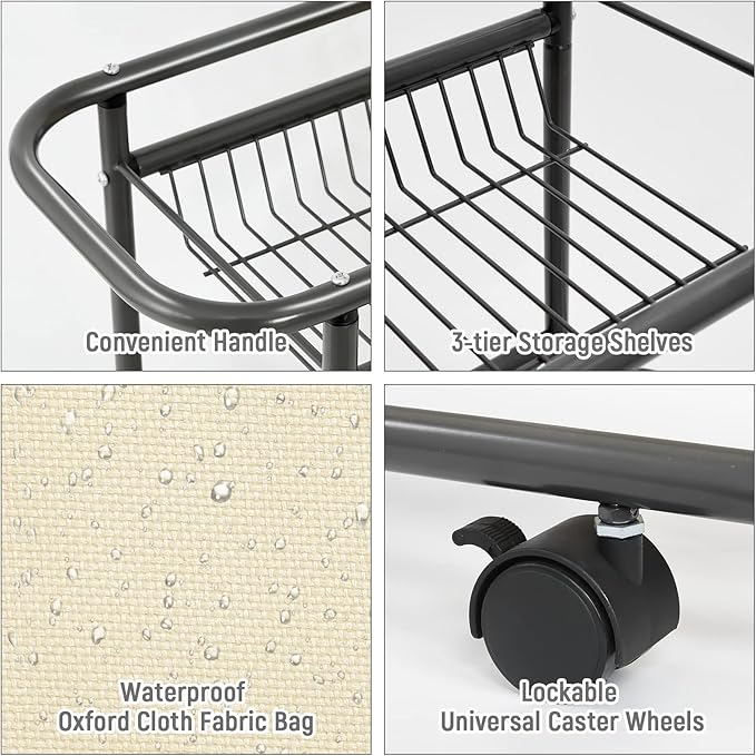 Narrow Laundry Cart with Wheels,3 Baskets and 45L Laundry Bag Metal Rolling Cart for Small Space,Laundry Room Organization and Storage for Bathroom Living Room Apartment Dorm