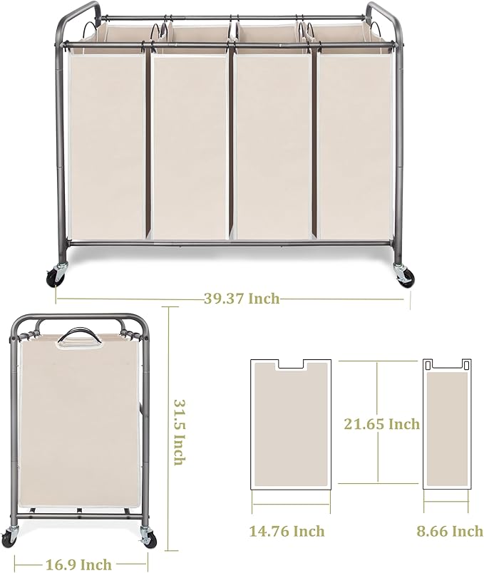 Laundry Sorter 4 Section, 4-Bag Heavy Duty Rolling Laundry Hamper Cart, Laundry Basket Organizer With Wheels and Removable Bags, Laundry Room Organization For Dirty Clothes Storage, BEIGE