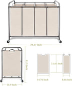 Laundry Sorter 4 Section, 4-Bag Heavy Duty Rolling Laundry Hamper Cart, Laundry Basket Organizer With Wheels and Removable Bags, Laundry Room Organization For Dirty Clothes Storage, BEIGE