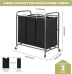 Laundry Sorter Hamper with Wheels, Heavy-Duty Laundry Sorter Rolling Cart, Lockable Wheels and Removable Bags, 3 Sections, Black