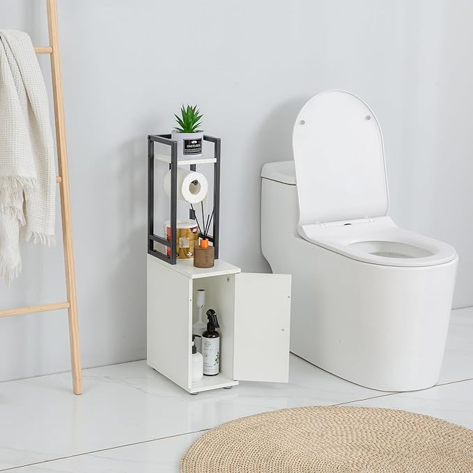 Small Bathroom Storage Cabinet, Narrow Side Bathroom Organizer w/Toilet Paper Roll Holder and Metal Frame, Slim Toilet Paper Storage Cabinet for Bathroom, White