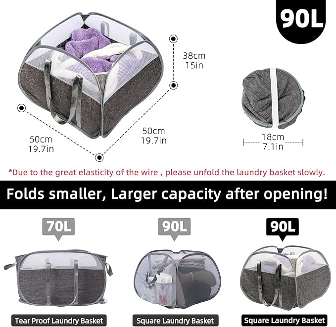 Collapsible Laundry Basket, 90L Foldable Pop-up Laundry Hamper with Reinforced Handles, Tear Proof Mesh Dirty Clothes Hamper for Laundry (Gray)