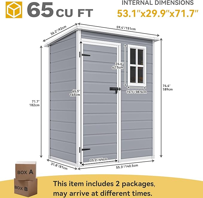 DWVO 5x3 FT Outdoor Storage Shed with Floor, All-Weather Resin Storage Shed with Window & Lockable Door, Waterproof Plastic Tool Storage for Garden Patio, Gray