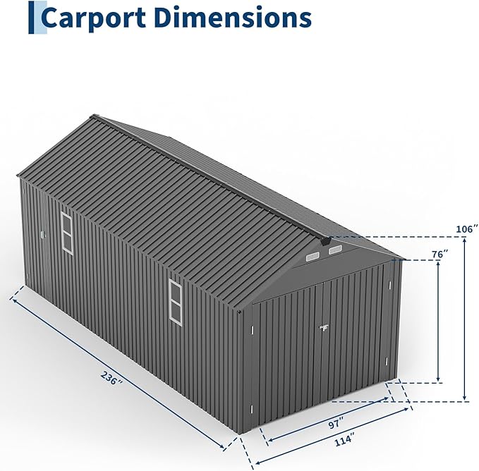 Garvee 10x20 ft Enclosed Metal Carport, Car Port with Vertical Steel Roof for All-Weather Use, Metal Shed with Man Door for Sedans & SUV, Gray