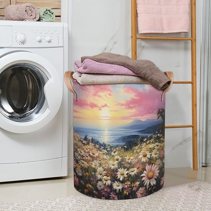 Spring Daisy Floral Collapsible Laundry Basket Large Laundry Hamper Waterproof Foldable Storage Bins Laundry Basket with Leather Handles Clothes Nursery Hampers