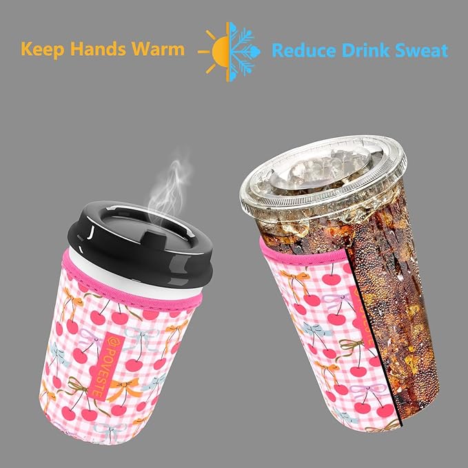 Reusable Neoprene Insulator Sleeve for Iced Coffee & Cold Soda, Coffee Sleeves for Iced & Hot Drinks, Cold Beverage Cooler Compatible with Starbucks, Dunkin (Cherry Picked, Large: 32oz)