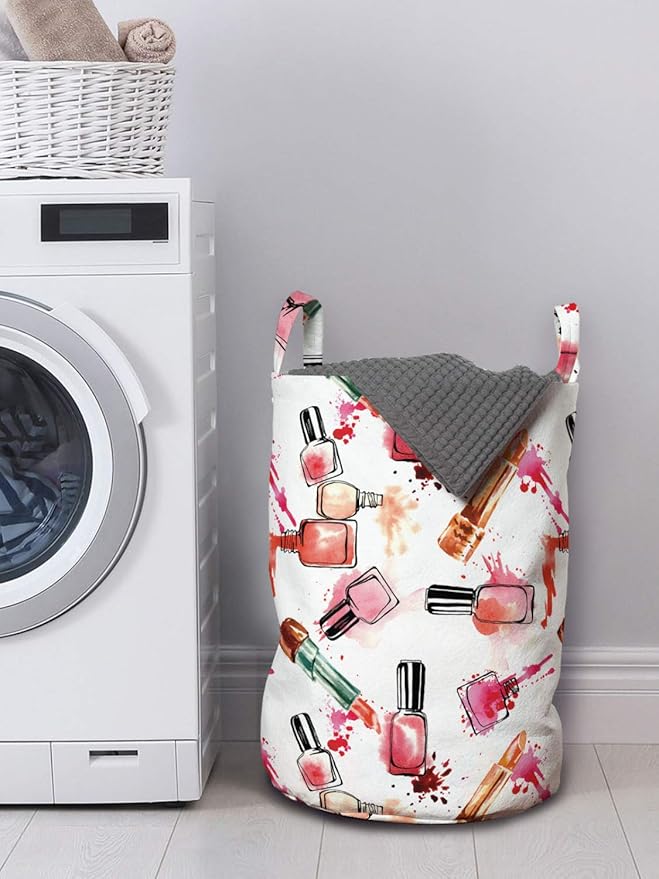 Ambesonne Feminine Laundry Bag, Repeating Grunge Color Splashes Look Nail Polish and Lipstick Pattern, Hamper Basket with Handles Drawstring Closure for Laundromats, 13" x 19", White