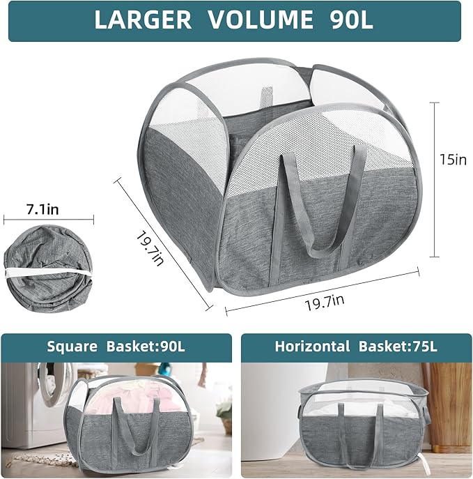2 Pack Collapsible Laundry Baskets, 90L Large Foldable Laundry Basket, Pop Up Hampers for Laundry, Dirty Clothes Laundry Hamper for Bedroom, Bathroom, Dorm, Laundry Room, Travel or Camping Grey