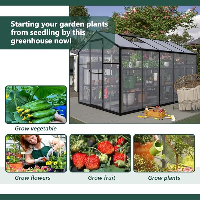 Outdoor Polycarbonate Greenhouse with Aluminum Frame, Walk-in Garden Green House Featuring Lockable Door, Adjustable Roof Vent, and UV-Protected Panels for Backyard or Patio Use (6x10 FT)