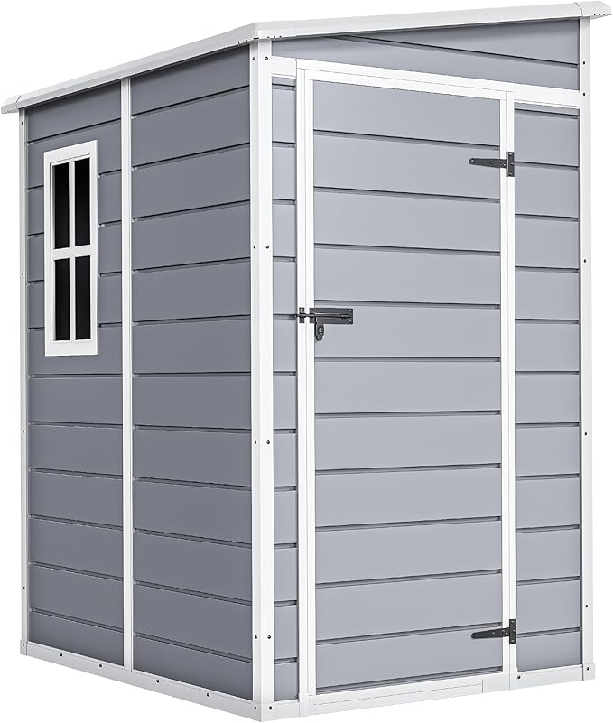 DWVO 5x4ft Resin Outdoor Storage Shed with Floor, Large Waterproof Lockable Storage Shed with Window, Plastic Outside Tool Storage for Garden, Backyard, Patio, Lawn (Gray)