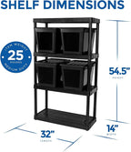 Gracious Living 4 Shelf Fixed Height Ventilated Medium Duty Shelving Unit, Organizer System with 10-Gallon Storage Bins & Lids, Black