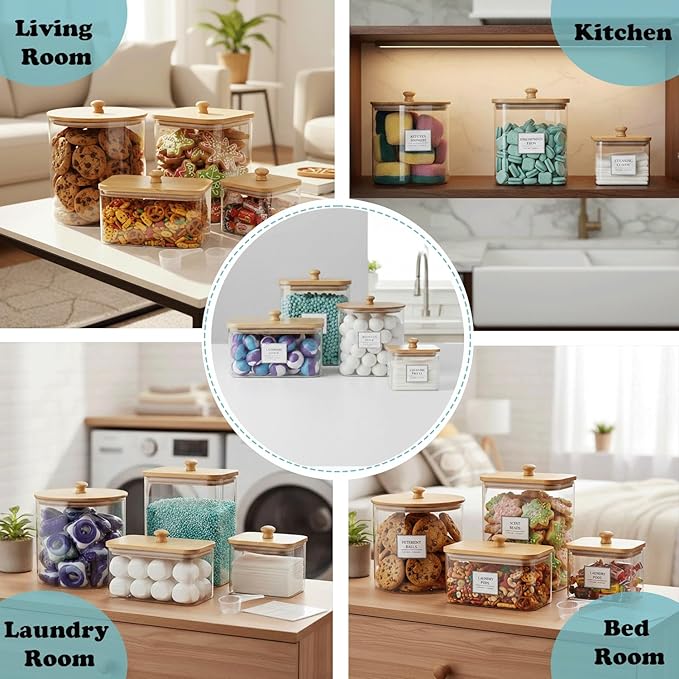 4 packs Laundry Pod Containers for Storage & Organization, Solution featuring Powder Laundry Detergent Container & dryer sheets with bamboo lids and labels. Includes scoops for powder and detergent.