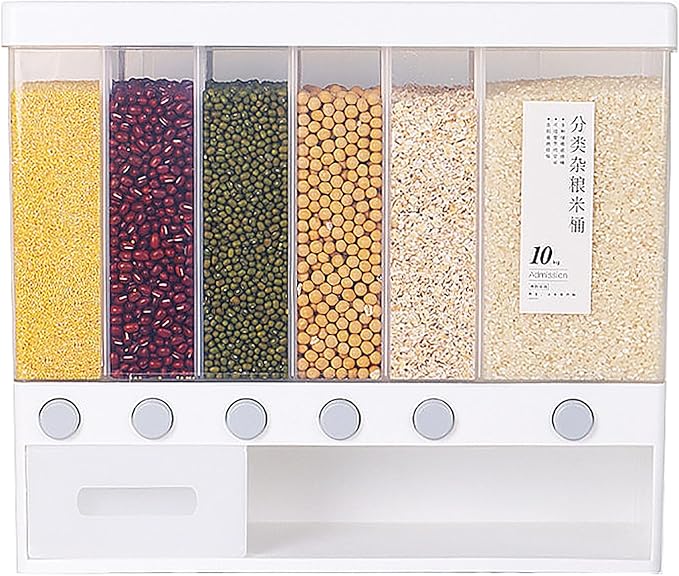 Divided Rice and Cereal Dispenser 6 Grid Food Storage Containers Grain Storage Box Household Food Dispensers 10L Capacity Suitable for Rice Beans Wall Mounted Dry Food