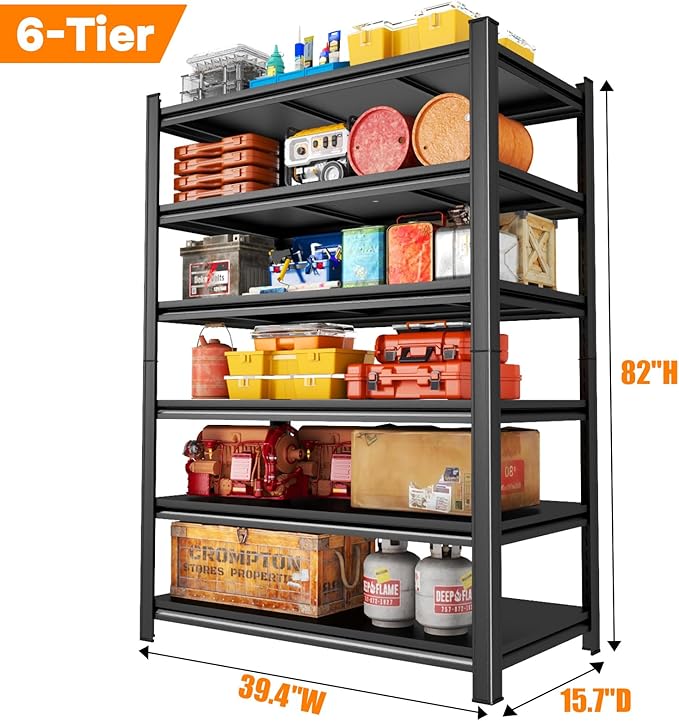 Metal Garage Shelving, 6-Tier 82" H x 39.4" W x 15.7" D Extra Tall Heavy Duty Storage Shelves Unit, Adjustable, Rust-Resistant Utility Rack for Warehouse, Basement, Pantry