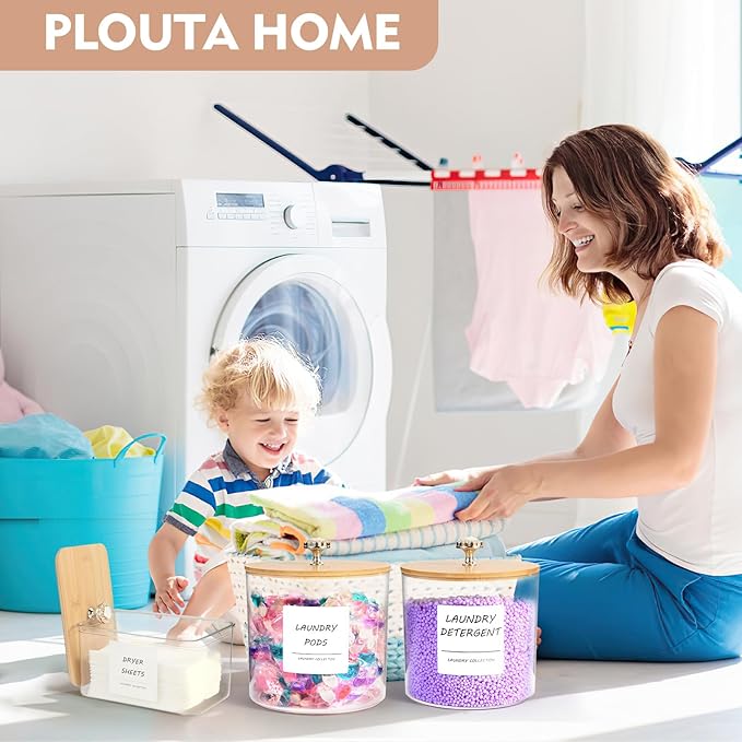 3 Pack Laundry Room Organization Storage Containers, Plastic Clear Laundry Pods Container & Dryer Sheet Holder Jars with Lids, Scoops & Labels for Detergent, Powder, Dryer Balls, Beads