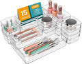15 PCS Clear Plastic Drawer Organizers and Dividers, 4 Sizes Stackable Drawer Storage Bins and Organizer Trays for Bathroom, Kitchen, Office, Makeup, Vanity, Utensils, and Crafts