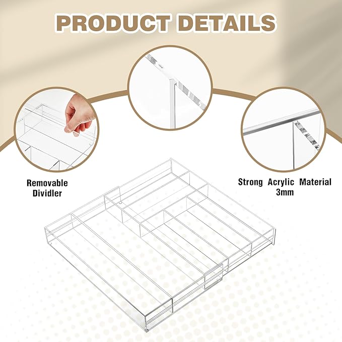 1 Pcs Acrylic Desk Drawer Organizer 9'' up to 18'' x 15'' x 2.1'' Expandable Drawer Organizer Trays with 7 Adjustable Compartments Clear Desk Accessories for Makeup Office Bathroom