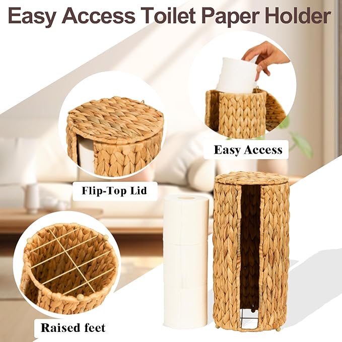 FairyHaus Wicker Toilet Paper Storage Basket with Lid, 3 Rolls Natural Water Hyacinth Toilet Paper Holder with Storage, Handwoven Toilet Paper Holder Stand Basket for Bathroom