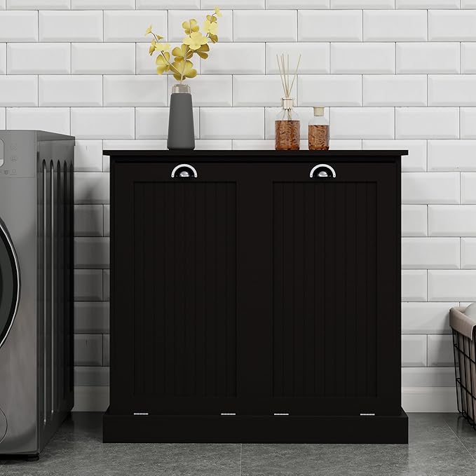 Two-Compartment Tilt-Out Laundry Sorter Cabinet,Bathroom Storage Organize Cabinet with 2 Removable Hamper Clothes Basket (Black)
