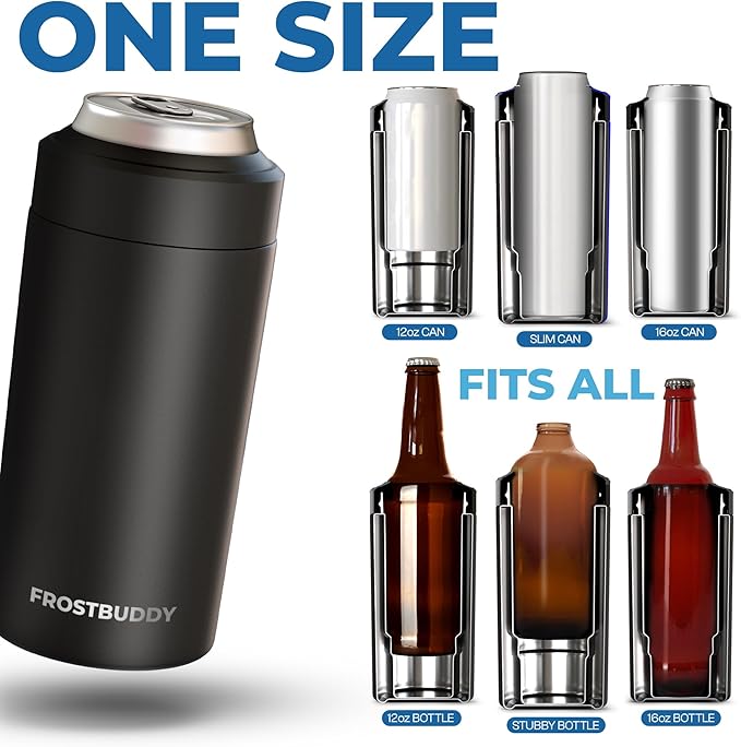 Frost Buddy Universal Can Cooler - Fits all - Stainless Steel Can Cooler for 12 oz & 16 oz Regular or Slim Cans & Bottles - Stainless Steel (Mother Nature)